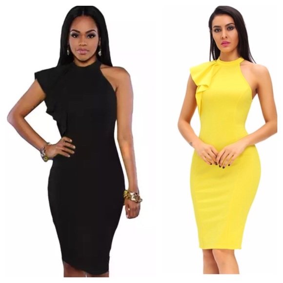 💜 ‼️LAST CALL PRICE FIRM Yellow & Black Stretch Side Ruffle Pencil Dress - Picture 2 of 6